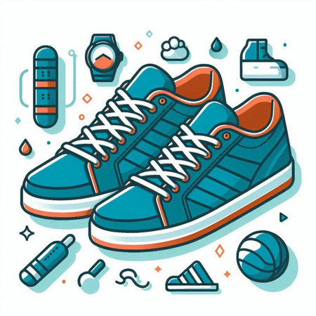 Sneakers and sport equipment in line art style. Vector illustration.のイラスト素材