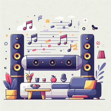 Living room interior with home stereo system and musical notes. Vector illustration in flat styleのイラスト素材