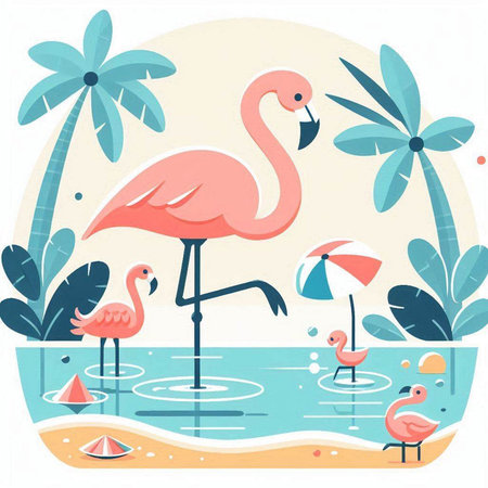 Flamingo in the pool with palm trees. Vector illustration.のイラスト素材