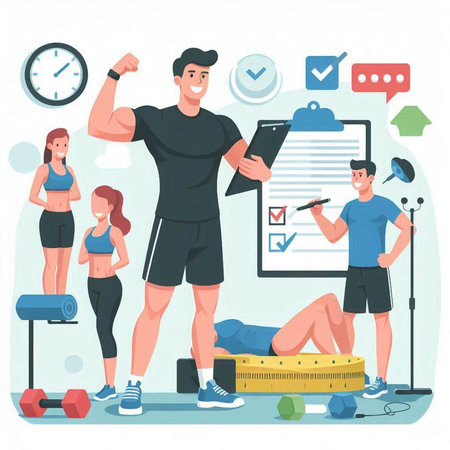Fitness, healthy lifestyle concept. Vector illustration in flat cartoon styleのイラスト素材