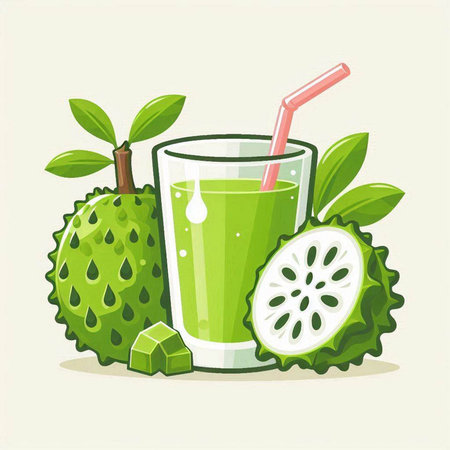 Soursop juice in a glass with a straw. Vector illustration.のイラスト素材