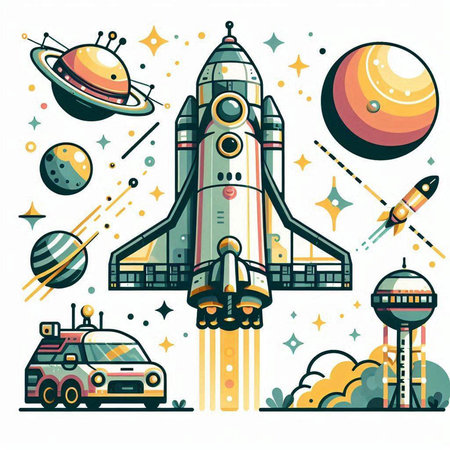 Space rocket flying in the sky. Space exploration. Vector illustration.のイラスト素材