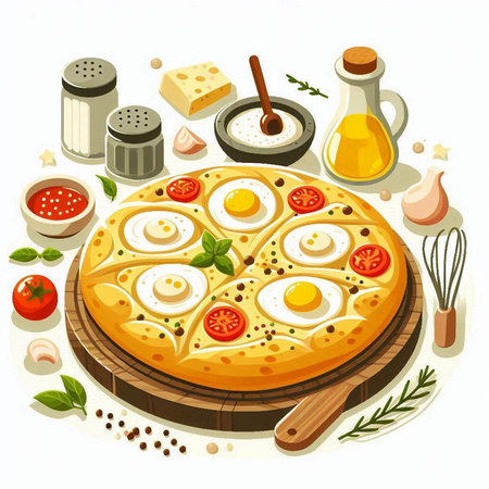 Illustration of pizza with eggs and spices on the white background.のイラスト素材