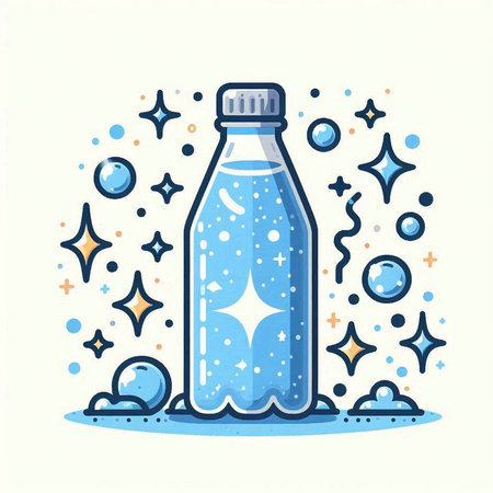 Cute cartoon bottle of water with splashes. Vector illustration.のイラスト素材