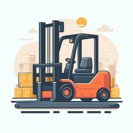 Forklift truck with boxes on a background of the city. Vector illustration.のイラスト素材