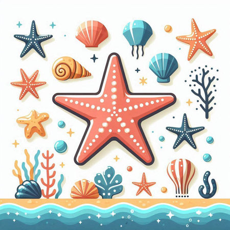 Sea life background with starfish and seashells. Vector illustrationのイラスト素材