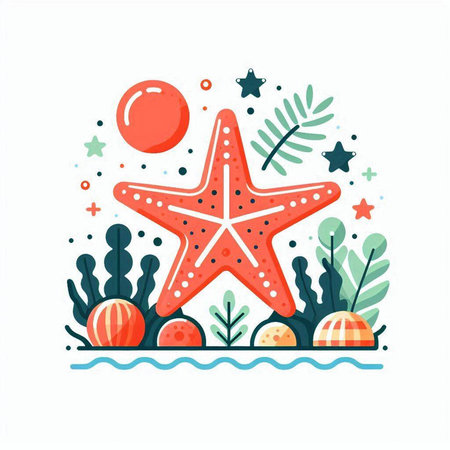 Starfish, seaweed and seashells. Vector illustration.のイラスト素材