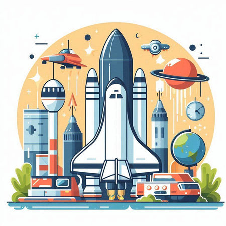 Space travel flat vector illustration. Spaceship or spaceship, rocket and alien spaceship.のイラスト素材