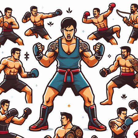 Boxing sport seamless pattern. Hand drawn vector illustration in cartoon style.のイラスト素材