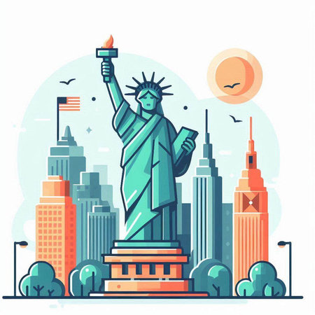 Statue of liberty in New York City. Flat style vector illustration.のイラスト素材