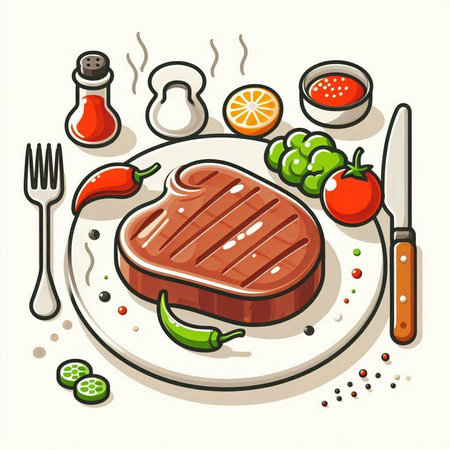 Steak on a plate with vegetables and spices. Vector illustration.のイラスト素材