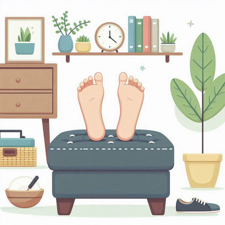 Illustration of a person's bare feet on a sofa in the living roomのイラスト素材