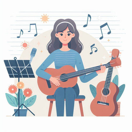 Girl with acoustic guitar. Musician. Vector illustration in flat styleのイラスト素材