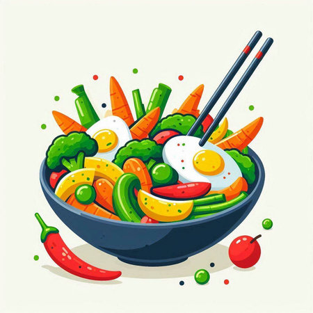 Vegetable salad in a bowl with chopsticks. Vector illustration.のイラスト素材