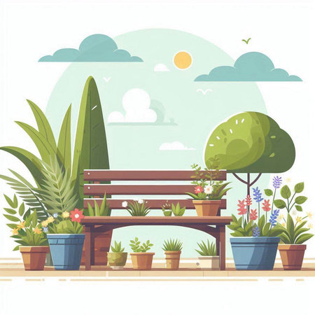 Vector illustration of a wooden bench in the park with flowers and plants.のイラスト素材