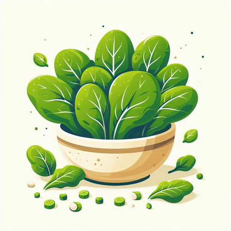 Illustration of fresh green spinach in a pot on a white backgroundのイラスト素材