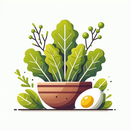 Lettuce and egg in a clay bowl. Vector illustration.のイラスト素材