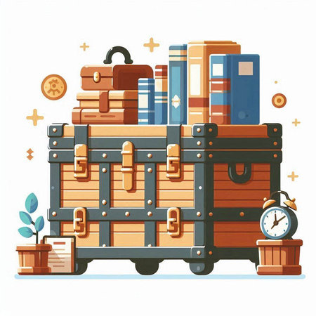 Vector illustration of suitcase with books and clock. Travel and adventure concept.のイラスト素材