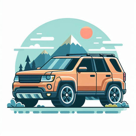Off-road car in the mountains. Vector illustration. Flat design.のイラスト素材