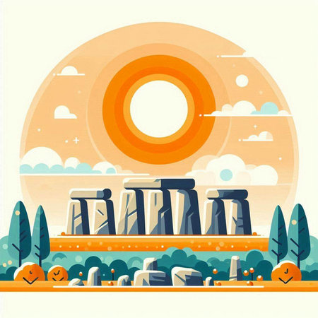 Stonehenge flat style vector illustration. Stonehenge is a famous landmark of the United Kingdom.のイラスト素材
