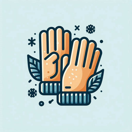 Winter gloves with leaves and snowflakes. Vector illustration in flat linear style.のイラスト素材