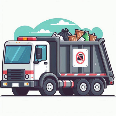 Garbage truck with garbage bags. Vector illustration in cartoon style.のイラスト素材