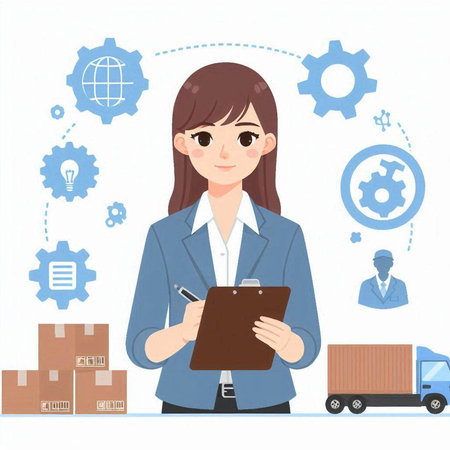 Businesswoman writing on clipboard in warehouse with icons, vector illustration.のイラスト素材