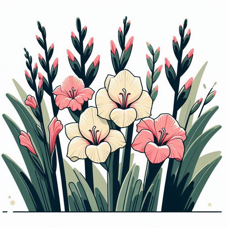 Beautiful gladiolus flowers. Hand drawn vector illustration in vintage style.のイラスト素材