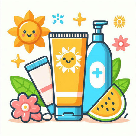 Sunscreen lotion and sunflower. Vector illustration in cartoon style.のイラスト素材
