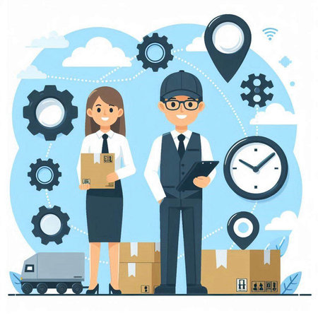 Delivery man and woman with boxes. Vector illustration in flat style.のイラスト素材