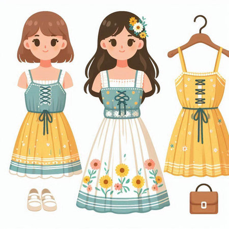 Set of cute little girls with dresses and accessories. Vector illustration.のイラスト素材