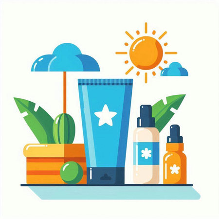 Sunscreen, sunblock and lotion. Flat design vector illustration.のイラスト素材