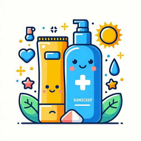 Vector illustration of a cute cartoon bottle of gel, lotion, cream, shampoo, shower gel and other elements. Flat line style design.のイラスト素材