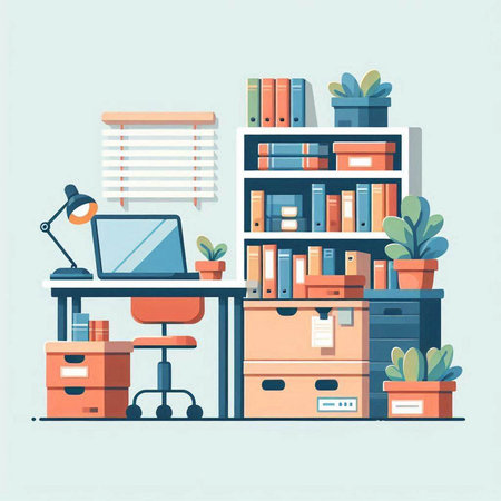 Office workplace with computer, bookshelf and plant. Flat style vector illustration.のイラスト素材