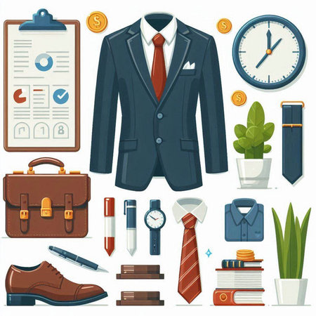 Set of business and office objects. Vector illustration in flat style.のイラスト素材