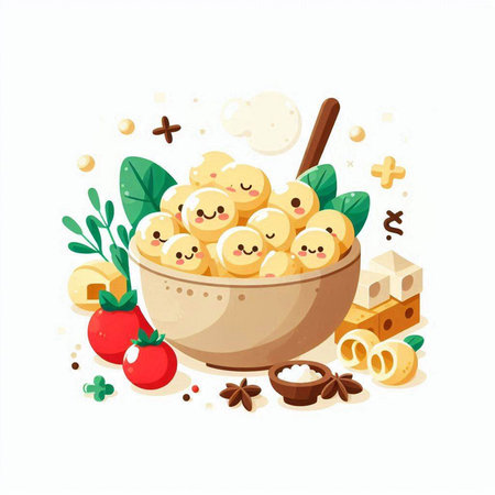 Cute cartoon gnocchi in bowl with ingredients. Vector illustration.のイラスト素材