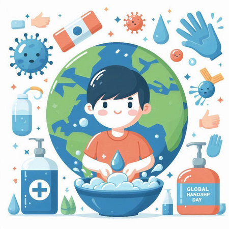 Covid-19 Coronavirus Protection Concept. Man Washing Hands with Liquid Soap on Earth Globe. Vector Illustrationのイラスト素材