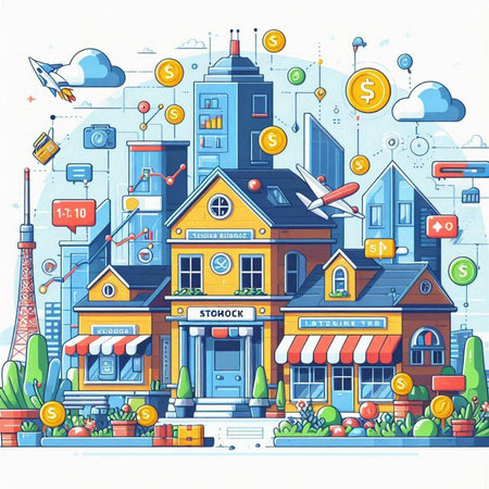 Vector illustration of european city. Urban landscape with buildings, shops and stores.のイラスト素材
