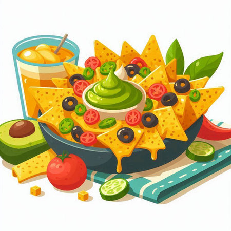Mexican nachos with guacamole, tomato and olives. Vector illustrationのイラスト素材