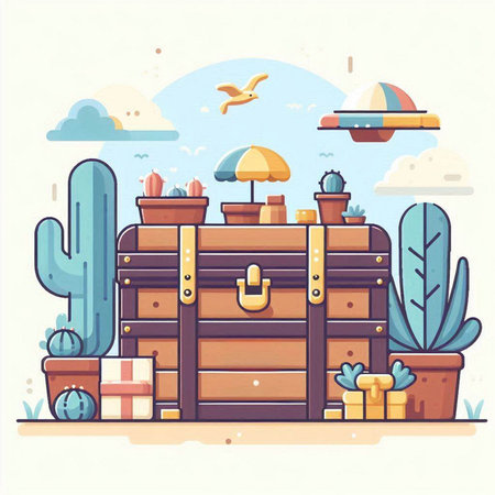 Vector illustration of an old wooden chest with a cactus in the backgroundのイラスト素材