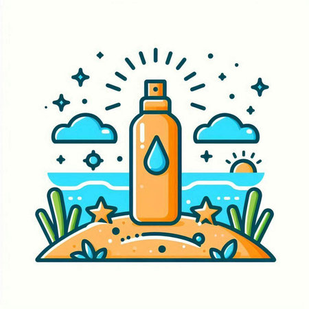 Sunscreen bottle on the beach. Vector illustration in flat linear style.のイラスト素材