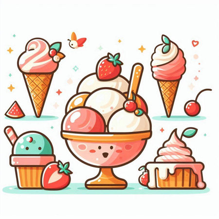 Ice cream with strawberry, cherry and ice cream cone. Vector illustration.のイラスト素材