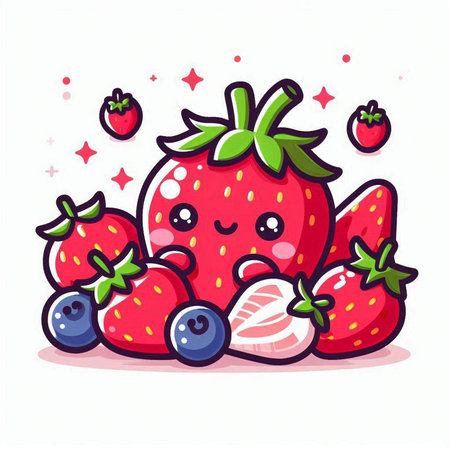Strawberry cartoon character with berries on white background. Vector illustration.のイラスト素材