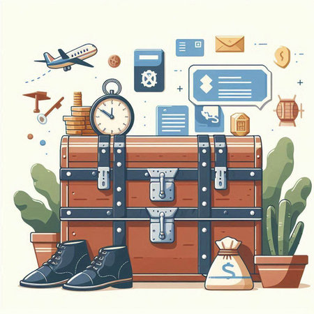 Vector illustration of a suitcase with different things. Flat design style.のイラスト素材
