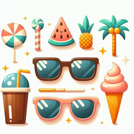 Summer icons set with sunglasses, ice cream, watermelon, lollipop and candy. Vector illustrationのイラスト素材