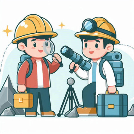 Vector illustration of a construction worker and engineer looking through a magnifying glassのイラスト素材