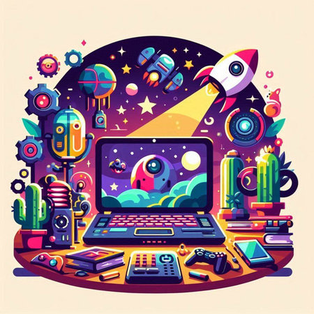 Vector illustration in flat style with rocket, laptop and space elements.のイラスト素材