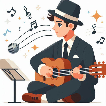 Vector illustration of a man playing guitar and singing. Flat style.のイラスト素材