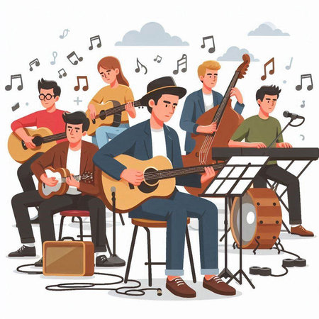 Musical band with musical instruments. Vector illustration in cartoon style.のイラスト素材