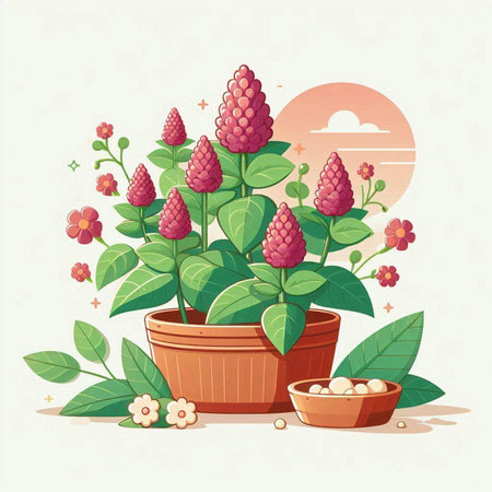 Flower pot with pink flowers and green leaves. Vector illustration.のイラスト素材